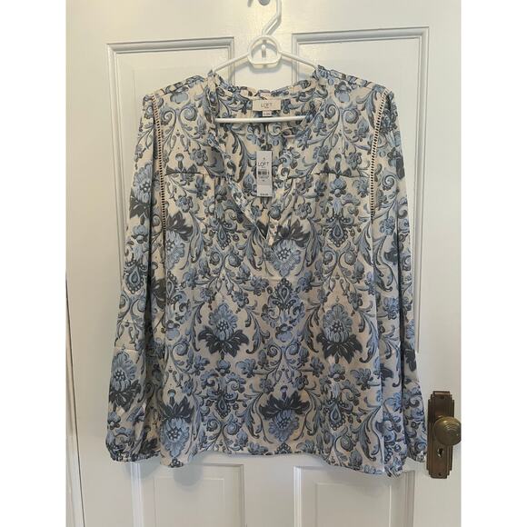 NEW Loft Outlet Women's XL Long Sleeve Top Popover Blue White Floral V Neck - Picture 1 of 11